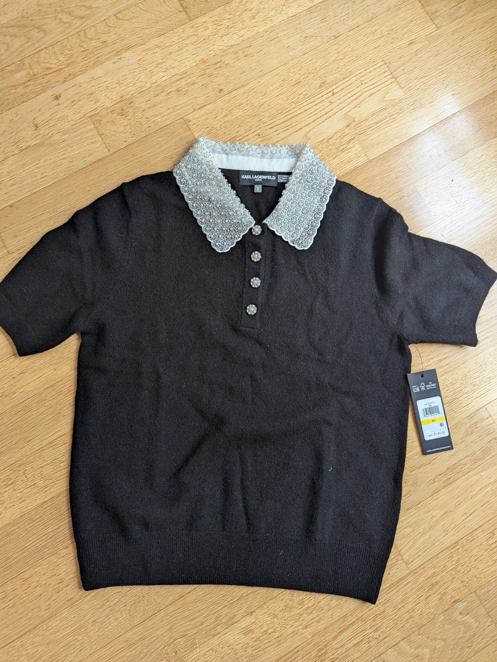 Karl Lagerfeld Paris Black Short-Sleeve Polo with Embellished White Collar
